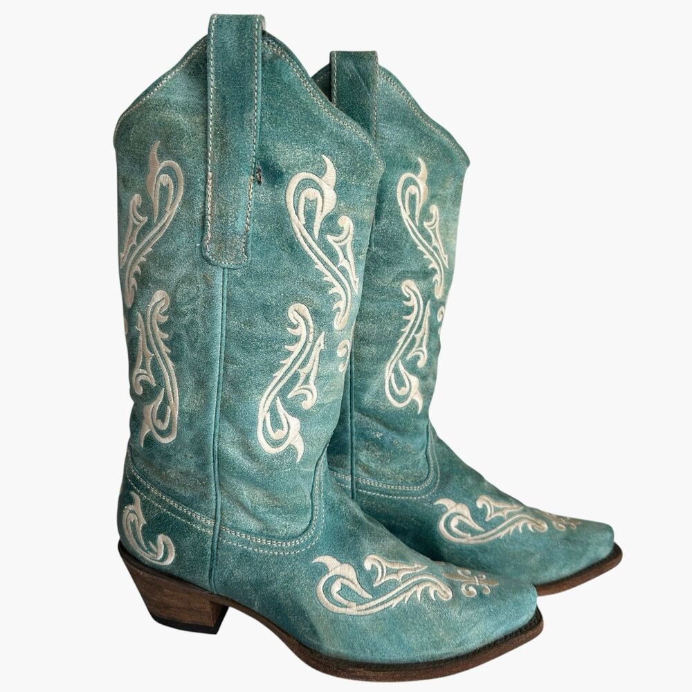 Corral Boots Sz 8.5 Turquoise Blue Cowboy Western Embroidered Cortez Style R1973